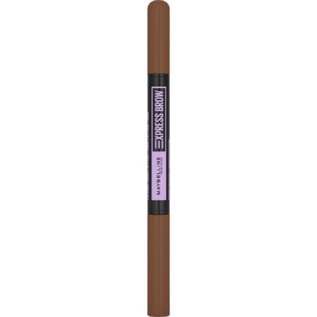 Maybelline Express Brow 2-In-1 Pencil + Powder in Soft Brown, dual-ended eyebrow tool with brown caps and a black center labeled in purple and white, featuring a precise teardrop tip for defining and a powder sponge for filling brows naturally, ideal for quick, fuller eyebrows.