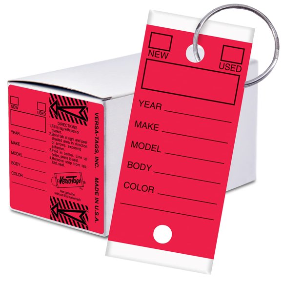 Versa-Tags 1000 Key Tags Self Protecting Poly 1.25''x3'' Highly Resistant to Abrasion 1000 Key Tag Pack 1000 Chrome Plated Key Tag Rings Included Color Red