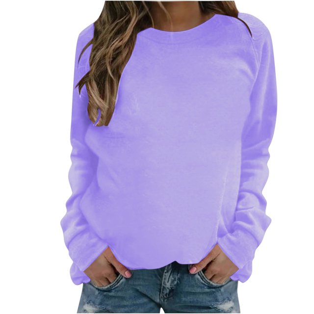 PEZHADA Chandails d'Automne pour Femmes en Liquidation Chandail à Col Rond pour Femmes, Chandail à Enfiler pour Femmes à Manches Longues Col Rond Chandail Uni Hauts Blouse Violet