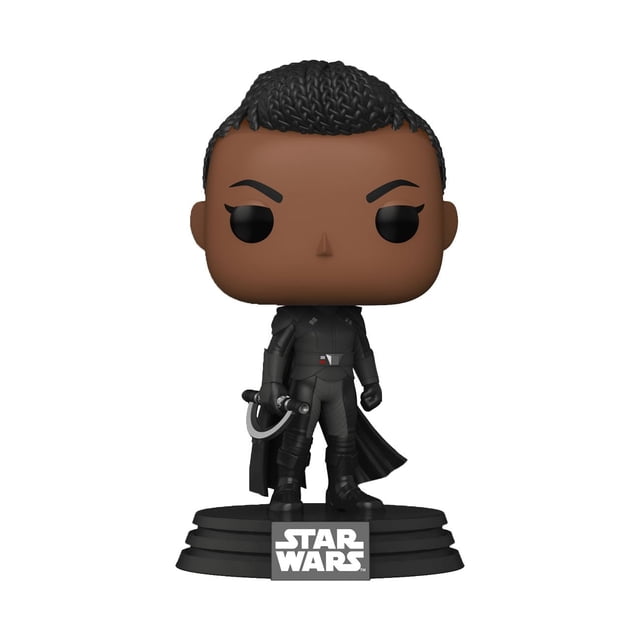 Funko POP! STAR WARS Obi-Wan Kenobi: Reva (Third Sister) Vinyl Figure showing a front-facing stylized vinyl figure of Reva in black armor and cape, holding a curved lightsaber, standing on a black tiered base with the Star Wars logo, with braided hair and a serious expression, ideal for Star Wars collectors and fans.