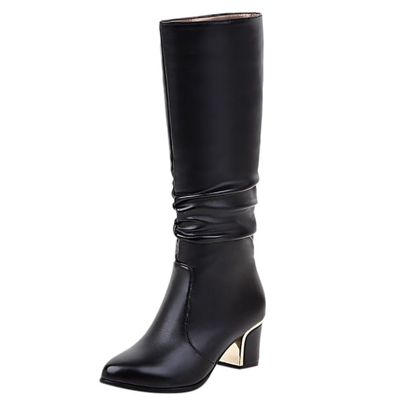 Zhanying Knee High Boots For Women Ladies Fashion Casual Leather PU Round Toe Chunky Block Mid Heels Dress Pump Knee Length Boots Dressy Mid Calf Riding Tall Boots for Wedding Party