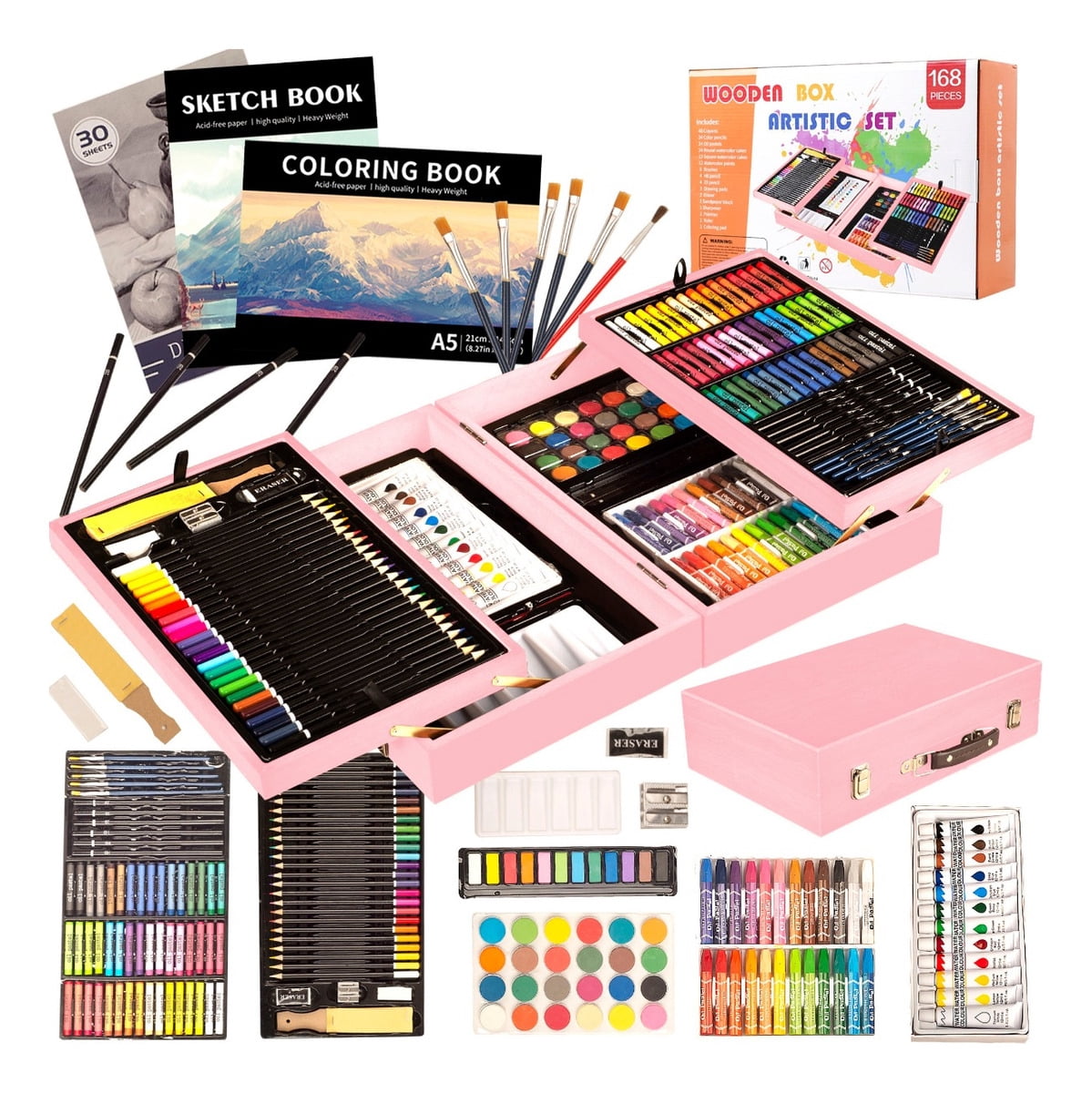 KINSPORY 168Pcs Art Supplies, Deluxe Wooden Art Set Crafts Drawing