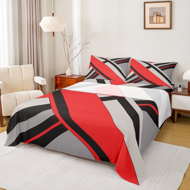 Erosebridal Ensemble de Draps à Rayures Géométriques Format Simple, Ensembles de Literie Art Abstrait Moderne Format Simple, Draps Rouges et Gris Simple, Décoration de Chambre Super Douillette, 3 Pcs