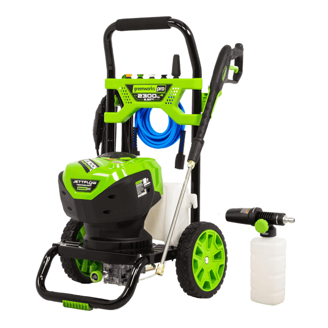 Greenworks Pro 2300 PSI Laveuse à Pression Électrique pour Eau Froide de 2,3 Gallons/gpm avec un design Vert et Noir vibrant, un Cadre Ouvert Robuste, des Roues de 10 Pouces Jamais à Plat et une Poignée Ergonomique. Comprend un Cordon d'Alimentation de 35 Pieds avec GFCI en Ligne, un Tuyau de 25 Pieds Résistant aux Plis et un Réservoir de Savon Intégré de 2 Litres. l'Unité Est Équipée d'Un Pistolet Vaporisateur en Métal durable et d'Un Rangement d'Accessoires Intégré. Idéale pour Nettoyer les Entrées, les Terrasses, les Voitures et Plus