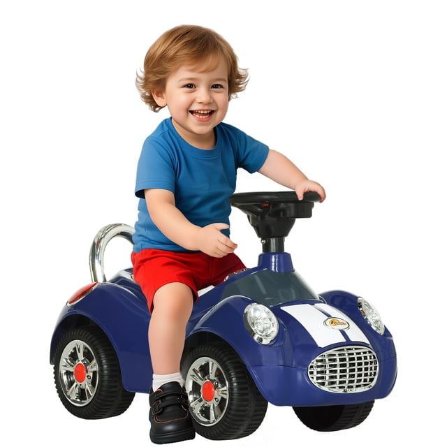 Qaba Baby Push Car with Music, Horn, Light, Dark Blue. A toddler ride-on toy with a foot-to-floor design to aid walking and balance, featuring a horn button, playful tunes, and twinkling lights. Constructed from durable PP and metal, ideal for children aged 18–36 months. Shown in dark blue with chrome accents and ergonomic seat.