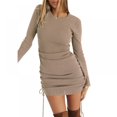 thumbnail image 1 of Ladies Sexy  Neck Solid Color Ruffled Tie Long Sleeve Women Casual Dress, 1 of 9