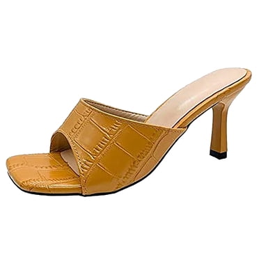 yulier Womens Heeled Sandals Square Toe Single Strap Open Toe Slip On Mules Slide Sandals Stiletto Heels