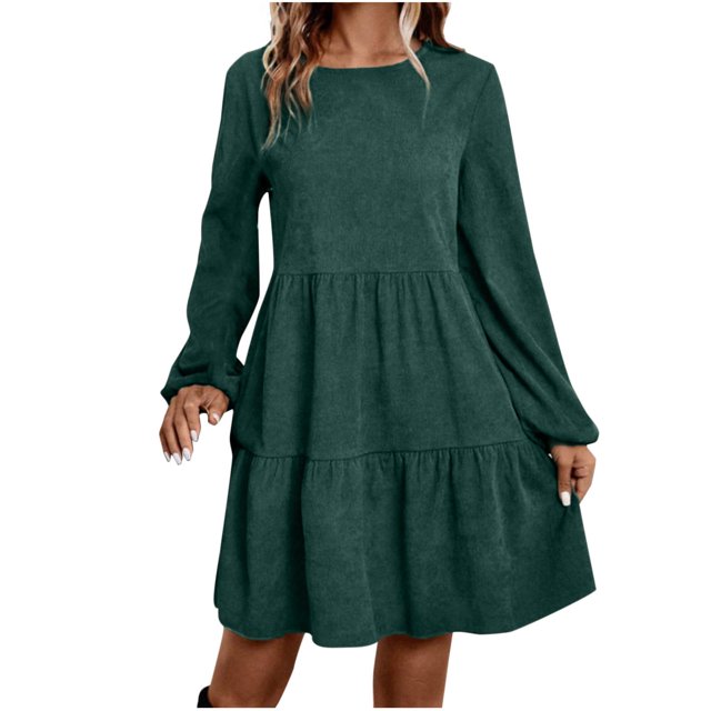 Wdfiry Wome's Fall Dress Puff Long Sleeve Pullover Dress Solid Color Casual Tunic Ruffled Hem Dresses