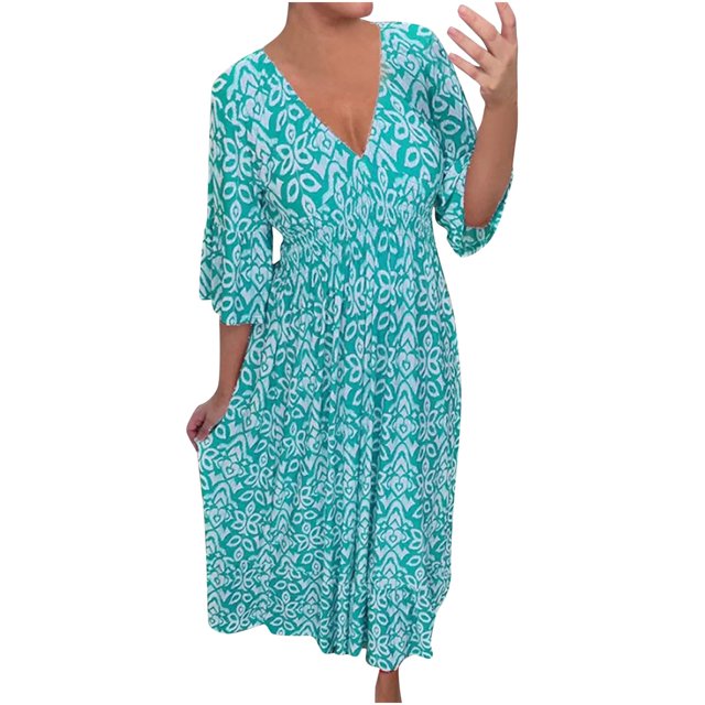 JIRNDf Robes Maxi d'Été pour Femmes Tendance à Imprimé Floral, par-Dessus, Col en V, Sans Manches, Robes d'Été pour Femmes, Robe Bohème Bleu P