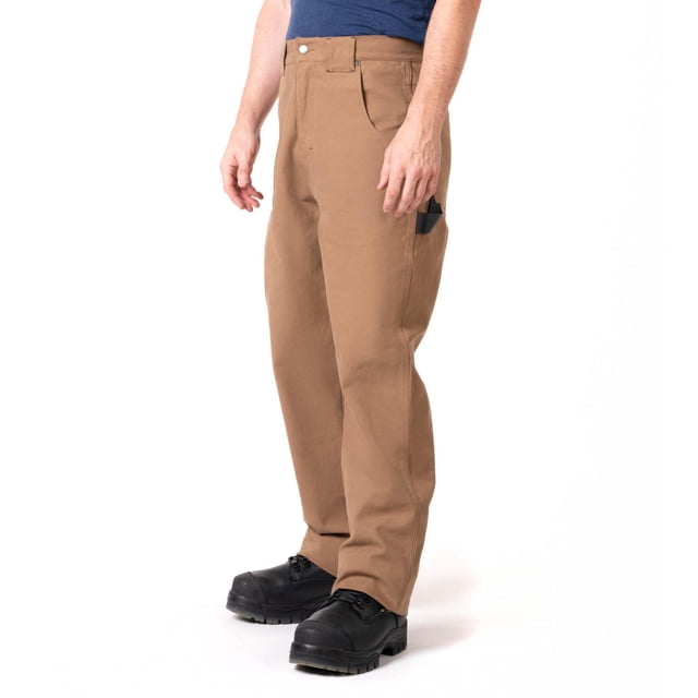 Vue Pleine Longueur Centrée du Pantalon de Charpentier avec Coupe jean Classique en 98 % Coton/2 % Élasthanne Montrant une Braguette avant à Fermeture Éclair Métallique, Boucles de Ceinture Extra Larges, Deux Poches avant, Deux Poches Arrière, Poche pour Téléphone/outil Côté Droit et Ceinture d'Outil Gros-Grain Côté Gauche; Plis Extensibles au Genou Visibles Indiquent la Flexibilité du Mouvement. Utilisé Souvent pour les Vêtements de Travail sur Site et Convient pour Transporter de Petits Outils dans les Poches Dédiées.