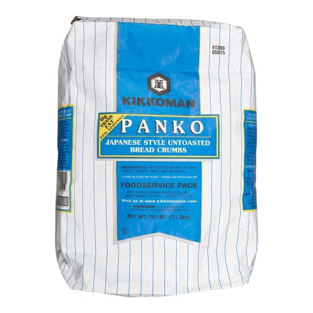 Kikkoman Untoasted Panko Bread Crumbs, 25-pound bag, designed for baked or fried appetizers, entrees, and desserts. Japanese-style bread crumbs with a rough texture and larger crumb size for a crispier coating. Packaging includes storage instructions to keep unopened in cool, dry conditions.
