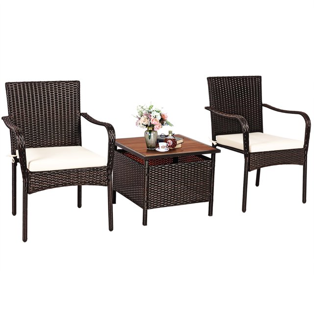 Costway Ensemble de Meubles de Patio en Rotin 3 Pcs Table d'Appoint en Bois Chaise Empilable