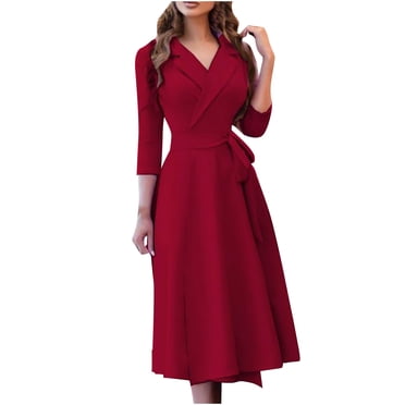 Robes de Travail Élégantes pour Femmes à Manches 3/4, Col à Revers en V, Unies et Imprimées, Taille Haute, Coupe Trapèze Évasée, Longueur Midi, avec Ceinture