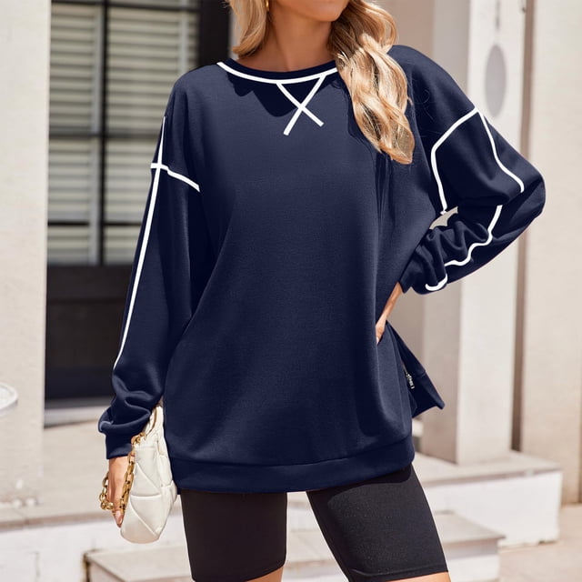 RXIRUCGD Chandails Molletonnés Surdimensionnés pour Femmes à Manches Longues, Col Ras du Cou, Chandail à Fermeture Éclair Latérale, Hauts, Vêtements Tendance Automne 2024, Bleu Marine, Taille : TG