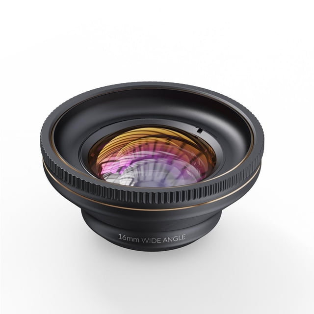 ShiftCam LensUltra 16mm Wide Angle Lens in black, shown in a close-up angled view featuring its circular aerospace-grade aluminum body with a textured grip ring and fluorite-infused multi-coated glass lens reflecting purple and amber hues, designed for wide mobile photography and compatible with ShiftCam filter mounts.