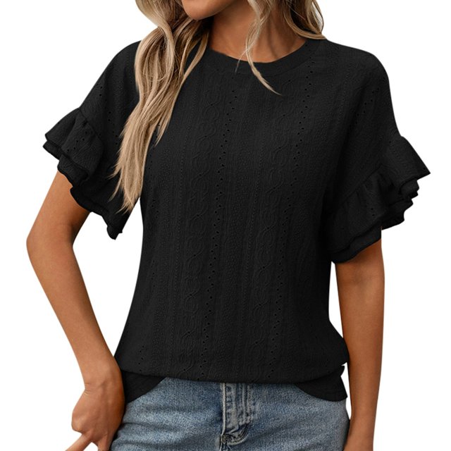 JIRNDf Hauts pour Femmes T-Shirts d'Été Tendance Couleur Unie Col Rond à Volants Blouse à Manches Courtes pour Femmes Tunique Décontractée Hauts Noir m