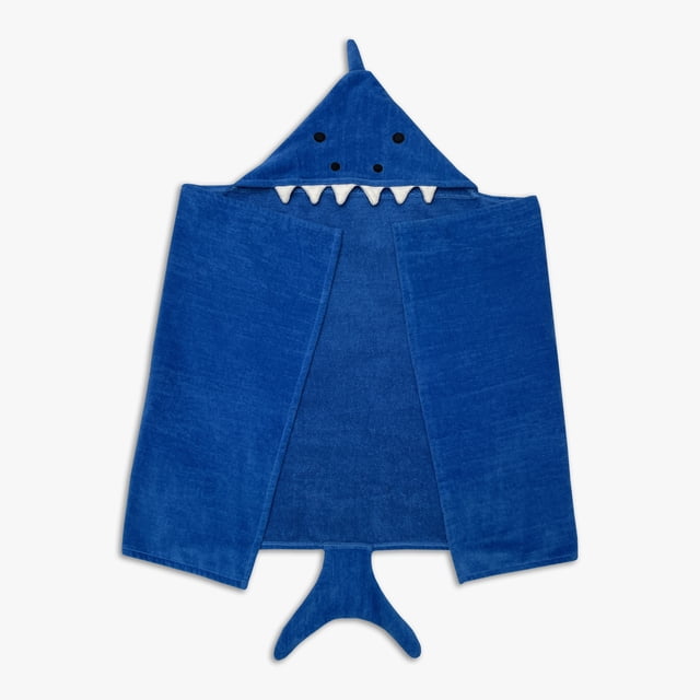 Mainstays Serviette à Capuchon pour Enfants, style Requin en Bleu 100 % Coton, 24 X 48 Pouces, avec Capuchon Intégré Comprenant des Yeux Noirs et des Dents Blanches, plus une Queue-Palme, Idéale pour l'Heure du Bain des Enfants, la Piscine Ou la Plage, Convient Aussi comme Accessoire de Bain Amusant.