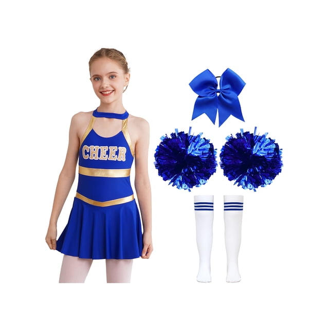 Runhomal Costume de Pom-Pom Girl pour Filles Enfants Halloween Carnaval Uniforme de Cheerleading Robe de Danse Sans Manches avec Pompons B Bleu 10
