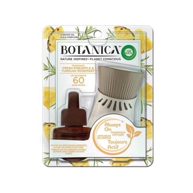 Botanica by Air Wick Trousse d'Huile Parfumée 1+1 avec Parfum d'Ananas Frais et de Romarin Tunisien, Comprenant un Diffuseur beige et une Recharge d'Huile Brune dans un Emballage Transparent Décoré de Tranches d'Ananas et de Brins de Romarin, Offrant jusqu'à 60 Jours de Parfum Désodorisant Naturel, Convient à une Utilisation Domestique Continue.