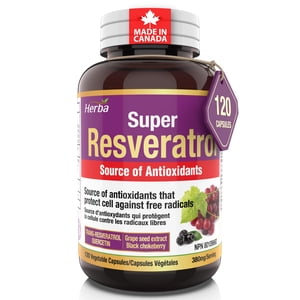 Herba Resveratrol Supplement Canada - 120 Capsules | 99.8% Purity Trans-Resveratrol with Quercetin, Echinacea, Grape Seed Extract, and Aronia | Made in Canada