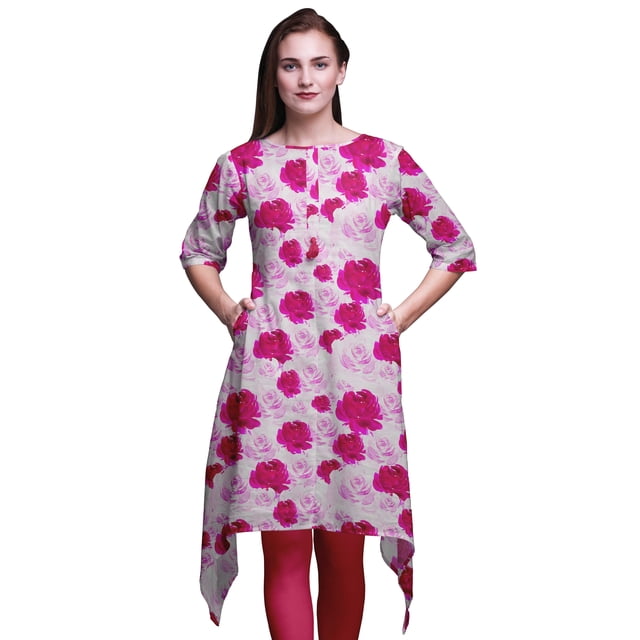 Bimba Hauts Imprimés Floraux Roses Grandiflora Roses pour Femmes Kurti Asymétrique Robe d'Été pour Filles Petit