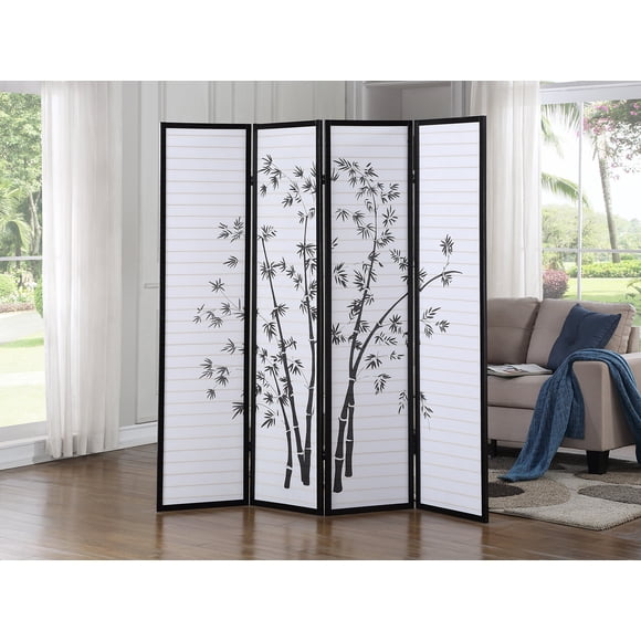 Roundhill Bamboo Print 4-Panel Framed Room Screen/Divider, black