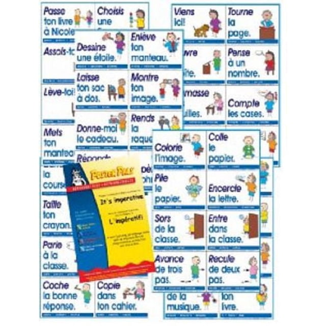 French High Frequency Imperatives Card Set containing 48 laminated 6" x 4.5" cards with French imperative commands and colorful illustrations designed to engage students in classroom comprehension and interaction activities, also suitable for creating reference boards or combined use.