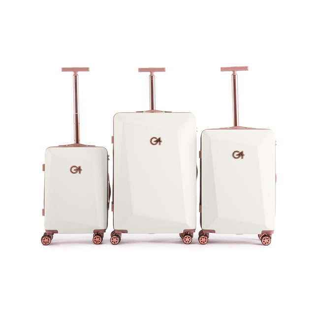 WINGOMART Ensemble de Bagages 3 Pcs avec construction Rigide en PC+ABS Légère et durable. Comprend des Valises de 20 Pouces, 24 Pouces et 28 Pouces avec une Finition Blanche Élégante et des accents or rose. Chaque Pièce a des Roues Doubles Pivotantes pour une Mobilité Fluide à 360°, des Verrous Approuvés TSA pour la Sécurité, et un Intérieur Entièrement Doublé avec des Compartiments d'Organisation. l'Extérieur Texturé Résiste aux Égratignures, et les Poignées Ergonomiques Télescopique Assurent une Manutention Confortable. Idéal pour les Courts Voyages