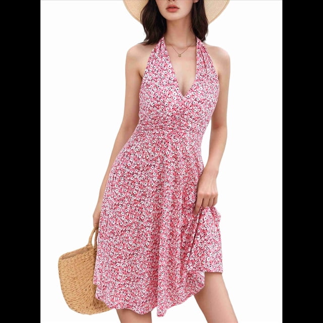 Robe d'Été Sans Manches Portefeuille à Col en V à Fleurs pour Femme, Mini, Rose, M