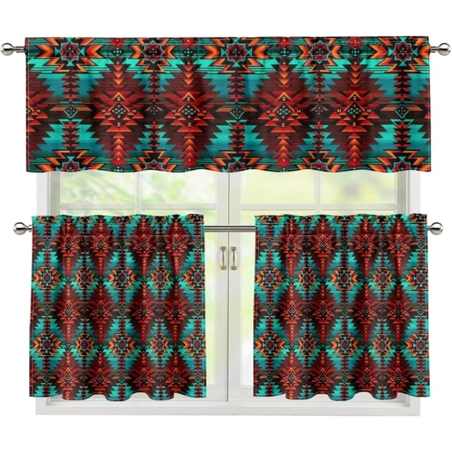 Aztec Tribal Cafe Curtains with Valance Short Farmhouse Kitchen Curtains and Valances Set Bathroom Window Curtains Valance and Tiers Set