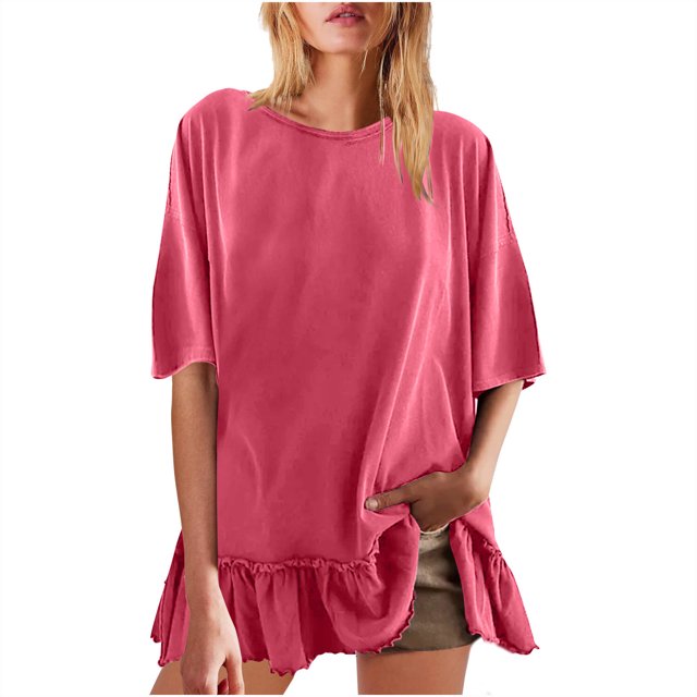 Plebaso Womens Oversized T Shirts Ruffle Hem Short Sleeve Tee Shirts Loose Casual Crew Neck Summer Tops