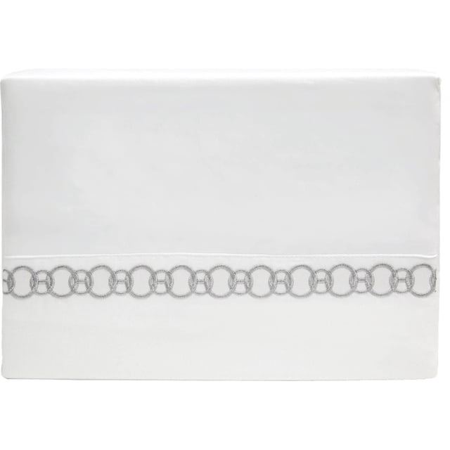 Johnson Home 300 Thread Count Egyptian Cotton Sheet Sets with Embroidery Details showing a folded white sheet with a grey embroidered chain-link pattern near the hem, made from breathable Egyptian cotton with a 300 thread count for softness and all-season comfort.