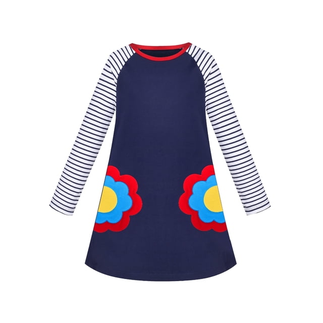 Robe Fille à Manches Longues Bleu Marine Broderie de Fleurs Décontractée Coton 4 Ans