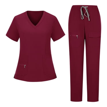 Amzcrzy Scrubs for Women Set V Neck Short Sleeve Scrubs Tops Elastic Waist Drawstring Pants Workwear Solid Color Working Uniform with Pockets