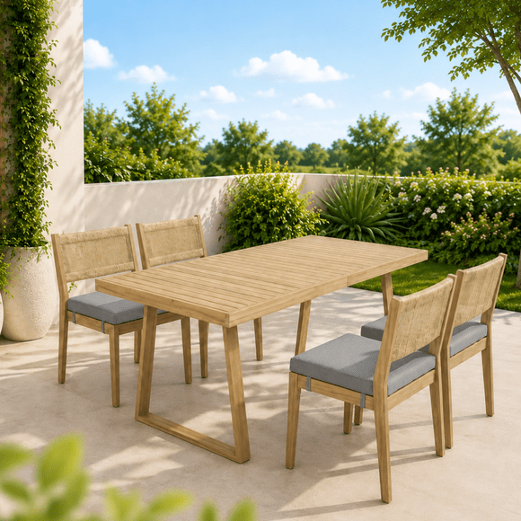 KOSSMAI Ensemble de Salle à Manger d'Extérieur 5 Pcs pour Patio, Table en Bois d'Acacia Massif et 4 Chaises avec Empilages en Paires, Mobilier de Salle à Manger Intérieur Extérieur pour Cour Arrière, Balcon et Jardin Gris