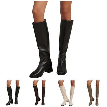 Dakaela Bottes Hauteur Genou pour Femmes Bout Carré Talon Épais Automne Longues Hautes Bottes Cuir Fermeture Éclair Mode Hiver Bottes Habillées Beige 9