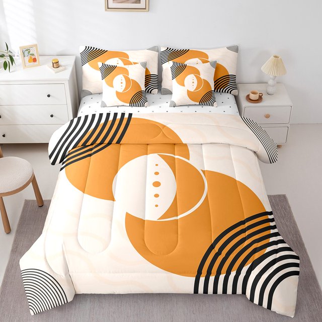 YST Ensemble de Douillette 7 Pcs Orange Minimaliste à Cercles Géométriques Style Mi-Siècle, Format Double (7 Unités)