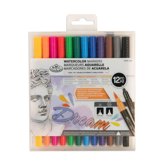 Royal & Langnickel - Waterbased Marker, Brush Tip and Fineliner, Assorted Colors, 12 pack
