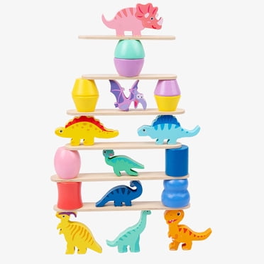 EGNMCR Dinosaur Toys For 1 2 3 4 Year Old Toddlers Early Education Toys For Ages 2-4 Boys Girls Kids Wooden Dinosaur Blocks Sorting Stacking Toys For Toddler Balanced Jenga