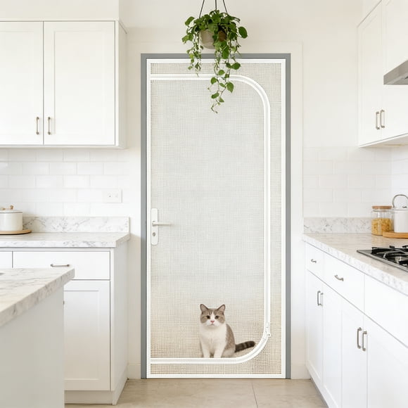 Pet-Resistant Zippered Door Curtain, Polyester Mesh, Foldable, Insect-Proof, No-Drill Installation, 85x210cm to 100x210cm, White Gray Black