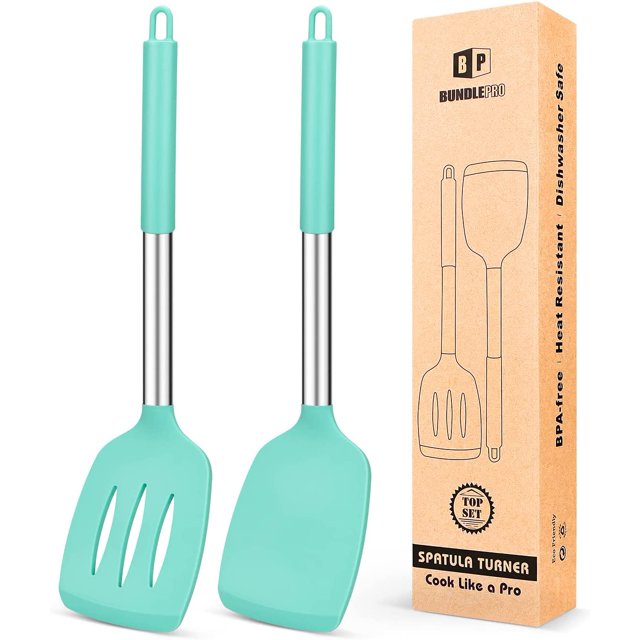 Bundlepro Pack of 2 Silicone Spatulas Turners, Non Stick Slotted and Solid Kitchen Utensils