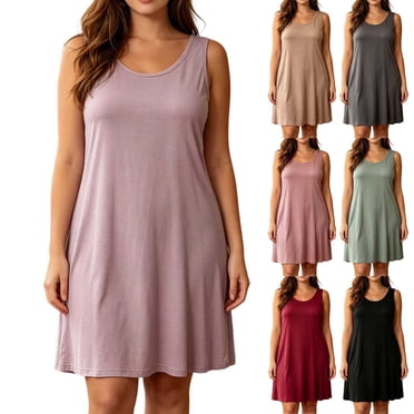 Jovati Robe de Nuit pour Femmes, Sans Manches à Col Rond Longueur Mi-Mollet Extensible en Modal Coton Polyester Mélange Coupe Décontractée Tenue de Détente