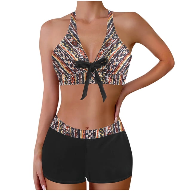 Maillot de Bain Deux Pièces pour Femmes, Tankini Sans Manches à Col en V avec Coussinet de Poitrine Intégré, Mélange Polyester-Spandex Imprimé, Longueur Régulière, Maillot de Bain de Plage Conservateur