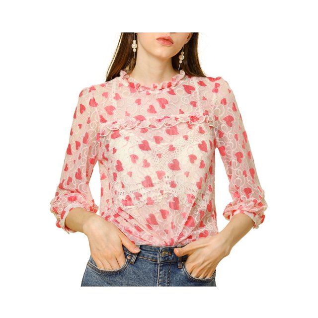 INSPIRE CHIC Women's 3/4 Sleeves Ruffle Mock Neck Sheer Lace Top