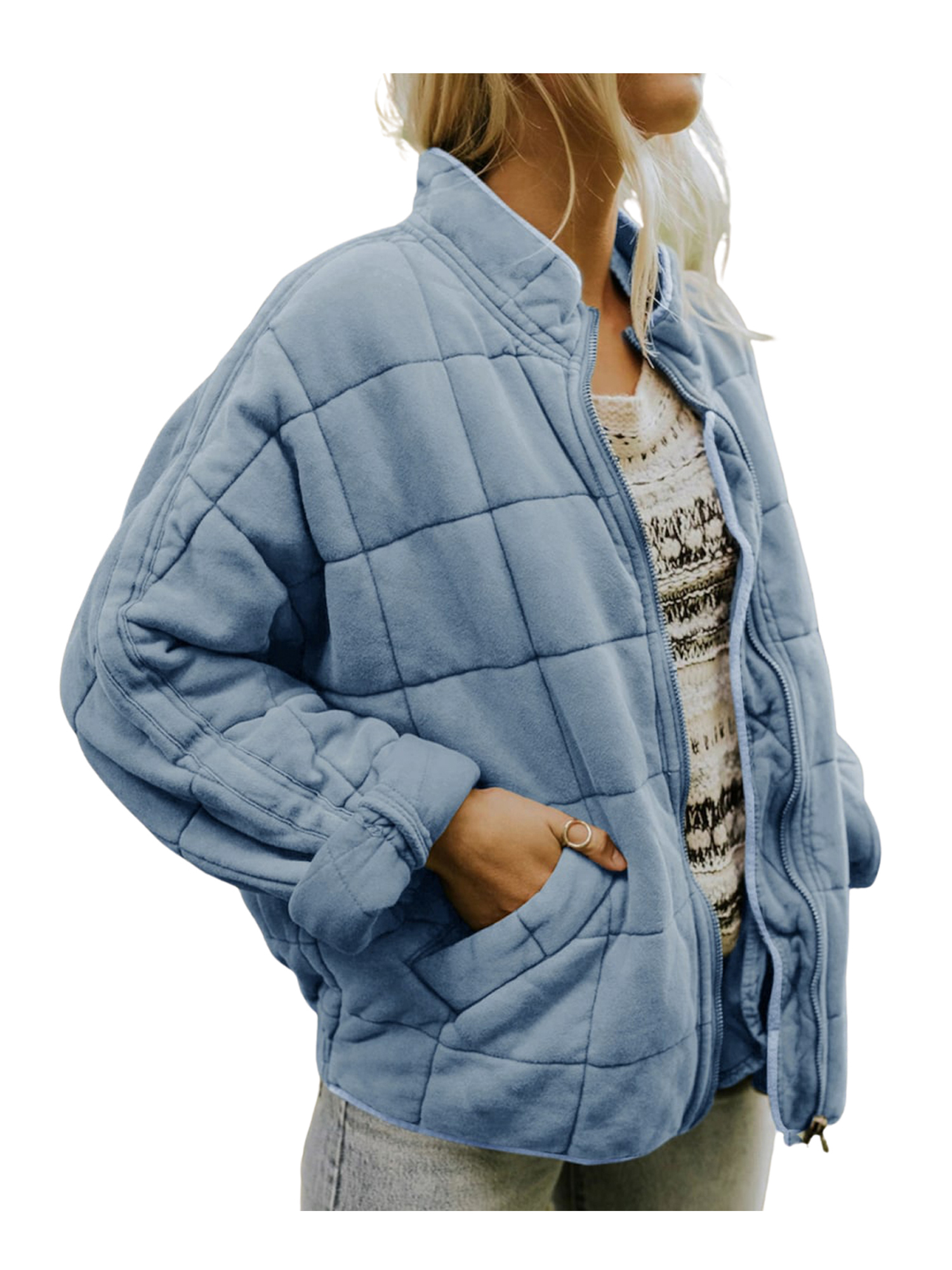 Kmbangi Women Stand Collar Long Sleeve Solid Color Full Zip Quilted Jackets