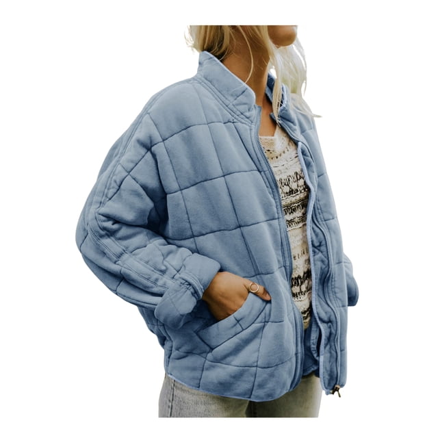 Kmbangi Women Stand Collar Long Sleeve Solid Color Full Zip Quilted Jackets