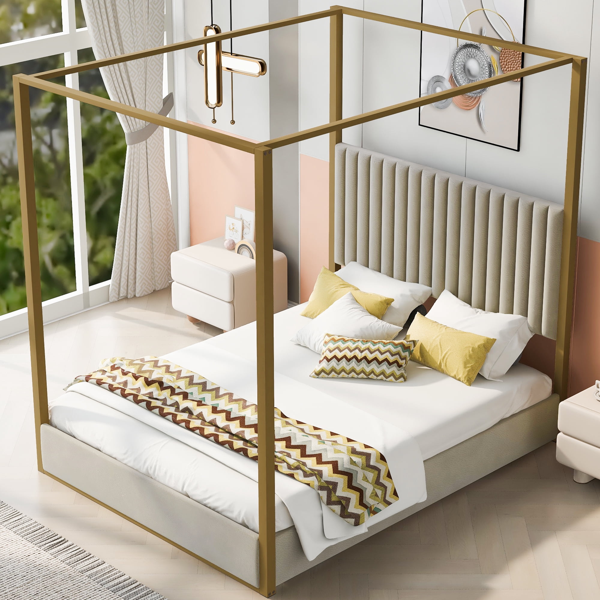 Noble House Queen Size Upholstery Canopy Platform Bed with Headboard and Metal Frame, Beige