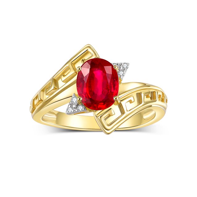RYLOS Rings for Women 14K Yellow Gold Greek Key Designer Ring 9X7MM Gemstone & Diamond Ring July Ruby Jewelry Size 8