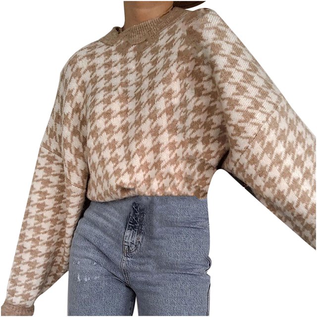 IROINID Chandail à Encolure Ronde pour Femme, Chandail à Carreaux Ample Mi-Long à Manches Longues, Tricot Géométrique Rétro