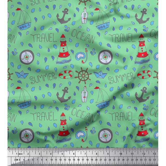 Soimoi Tissu Satin Modal Vert, Imprimé Nautique Yacht et Boussole de Direction, Tissu au Mètre, 42 Pouces de Large